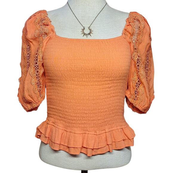 Heartloom Shirred bloon sleeve smocked blouse pastel orange lace princess boho - Picture 2 of 7